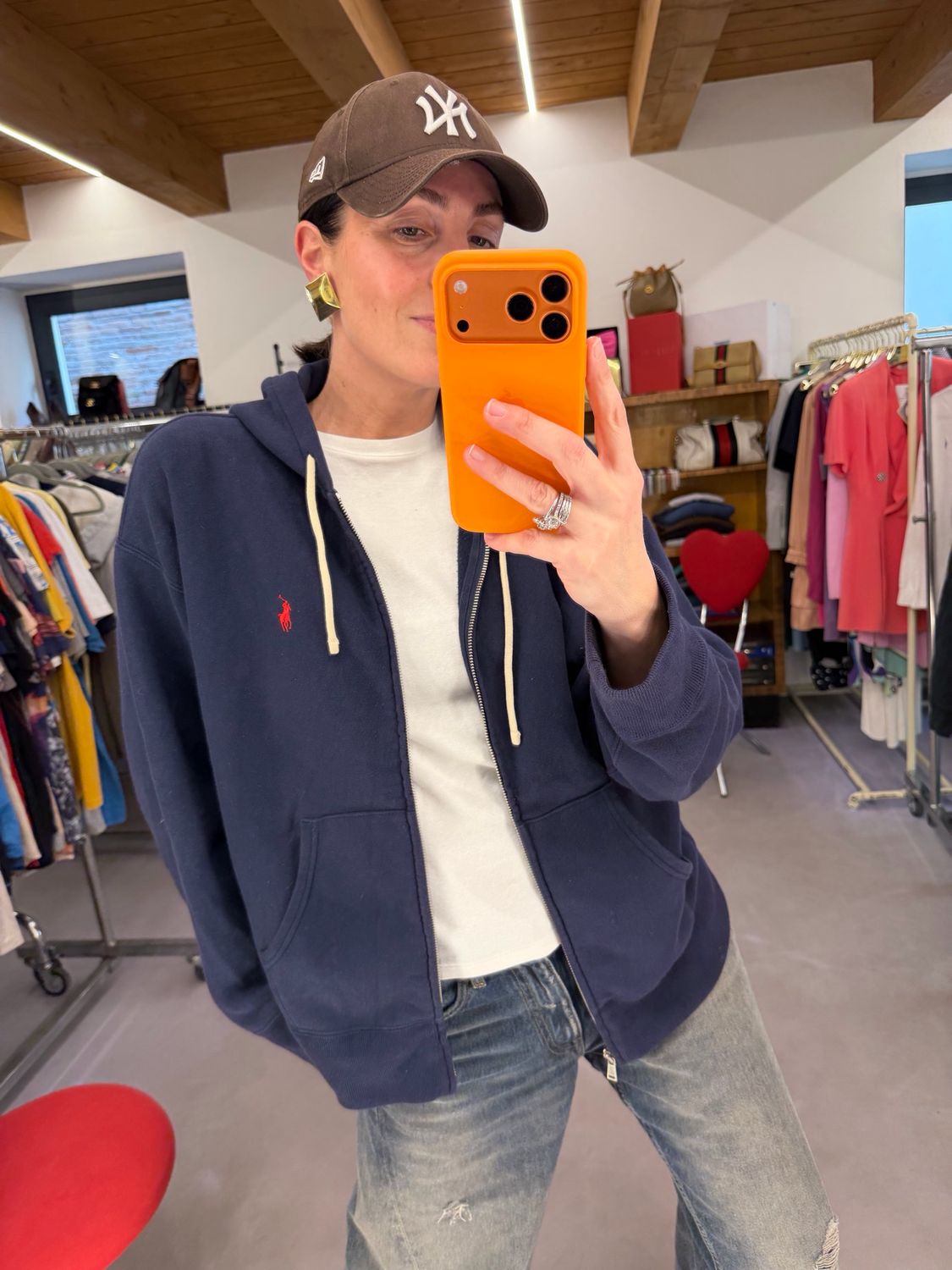 FELPA RALPH LAUREN BLU CON CAPPUCCIO ZIP CAVALLINO ROSSO TG XL