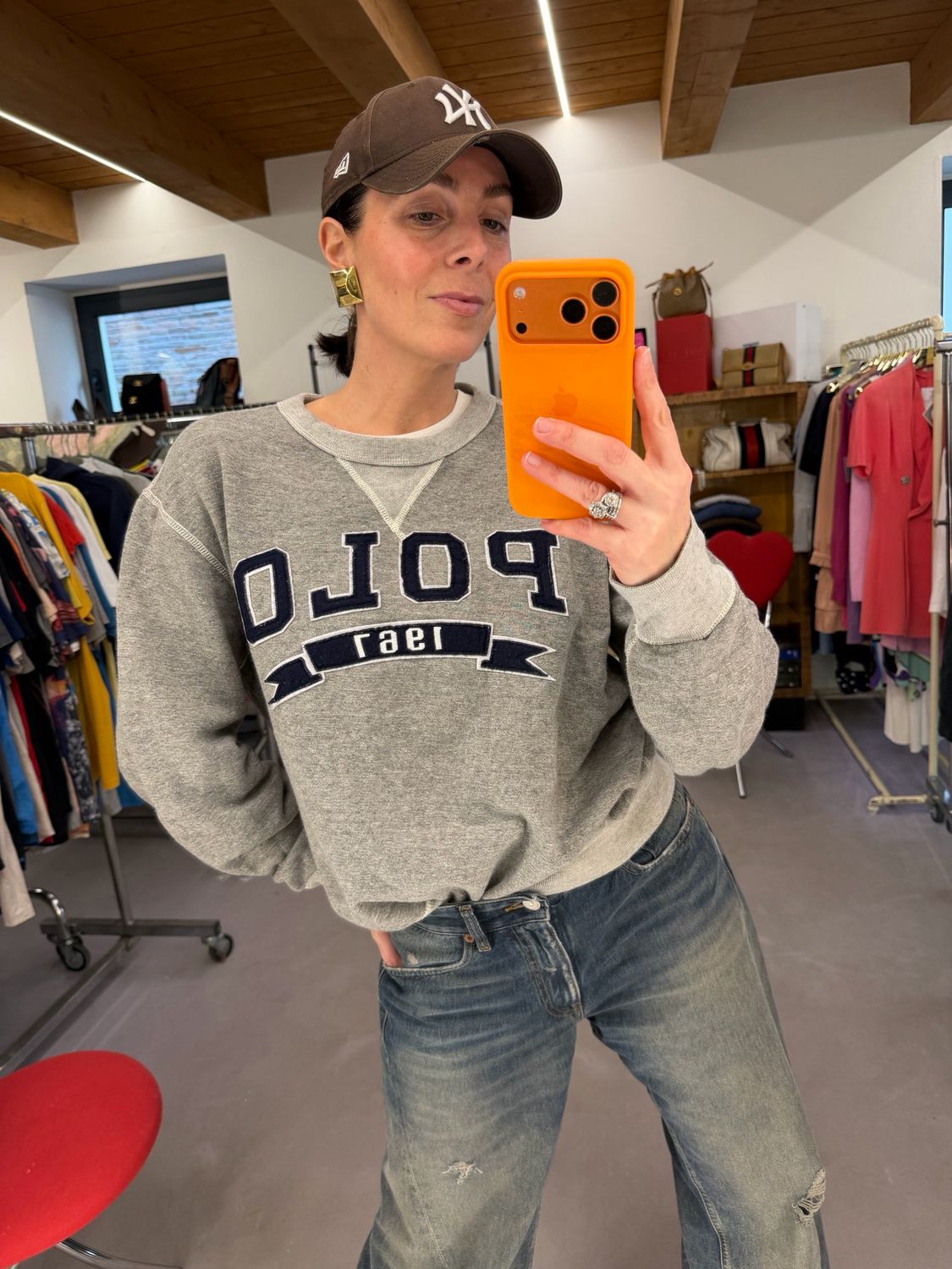 FELPA RALPH LAUREN STILE COLLEGE GIROCOLLO GRIGIO MAXI LOGO BLU RICAMATO