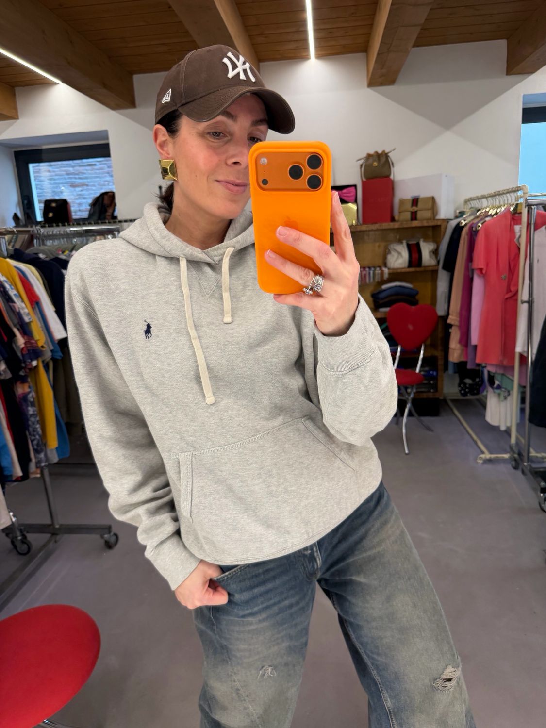 FELPA RALPH LAUREN CHIUSA CON CAPPUCCIO GRIGIO CHIARO MÉLANGE CAVALLINO BLU TG L