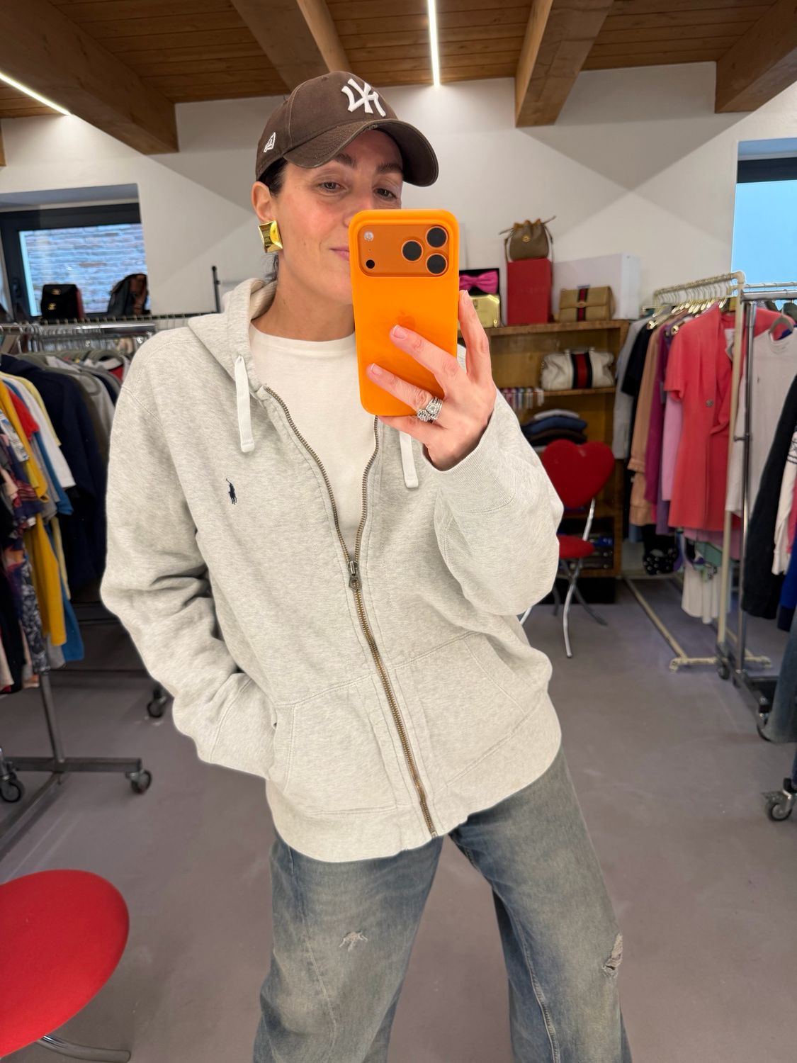 FELPA RALPH LAUREN ZIP E CAPPUCCIO GRIGIO CHIARO MÉLANGE CAVALLINO BLU TG XL