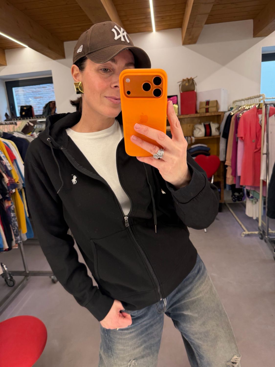 FELPA RALPH LAUREN PERFORMANCE NERA ZIP E CAPPUCCIO CAVALLINO BIANCO TG M