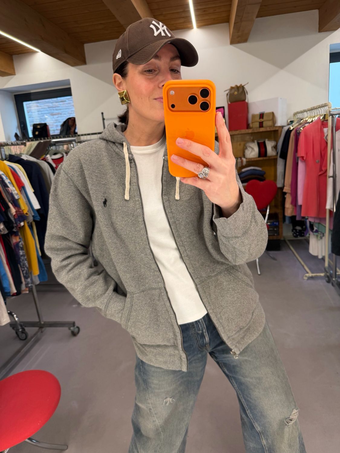 FELPA RALPH LAUREN ZIP E CAPPUCCIO GRIGIO SALE/PEPE CAVALLINO NERO TG L