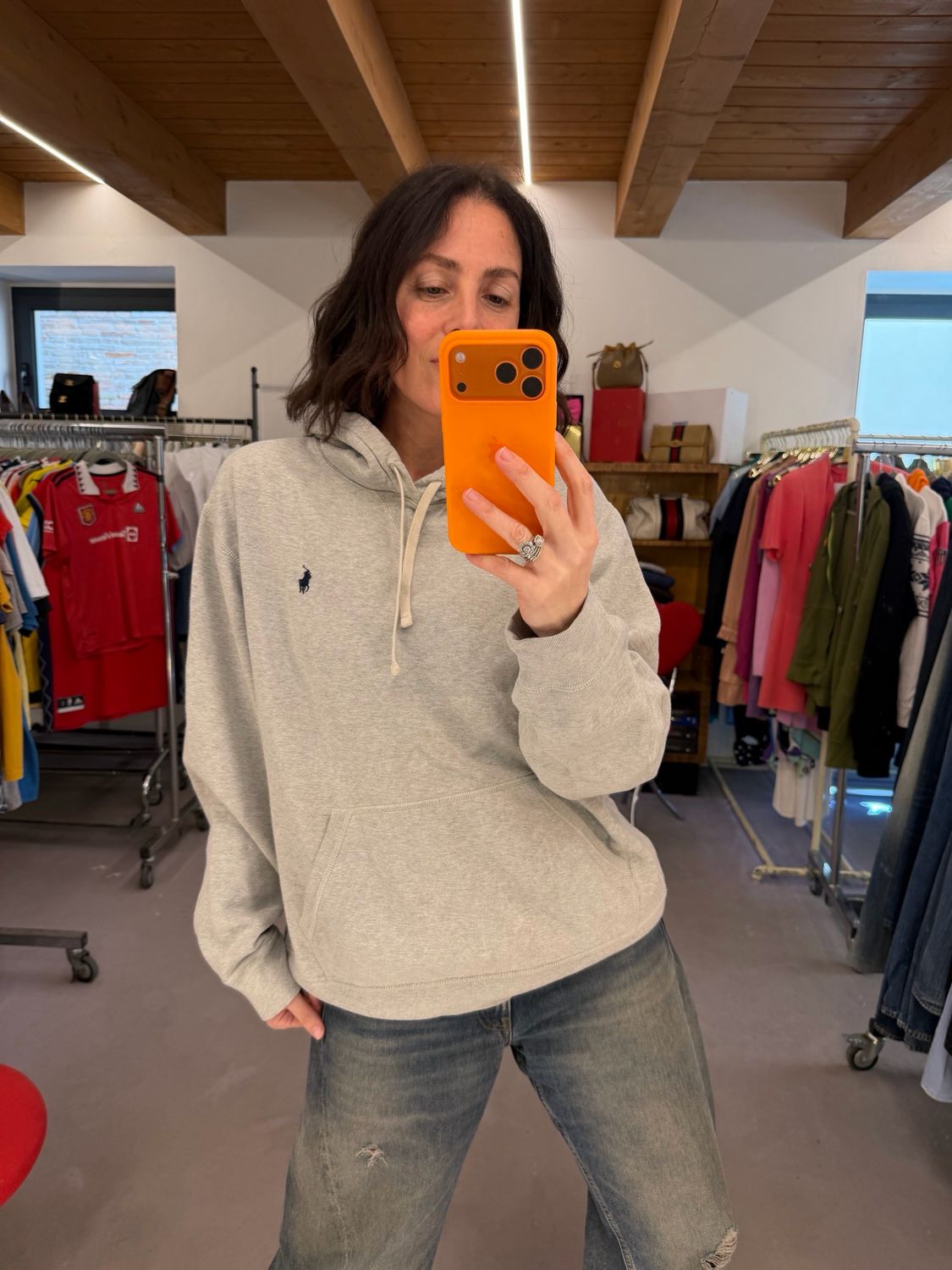 FELPA RALPH LAUREN CHIUSA CON CAPPUCCIO GRIGIO CHIARO MÉLANGE TG XL 