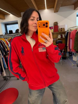 FELPA RALPH LAUREN APERTA CON ZIP CAVALLINO MAXI E BANDIERINA TG L 