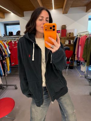 FELPA RALPH LAUREN NERA ZIP E CAPPUCCIO CAVALLINO ROSSO TG XXL