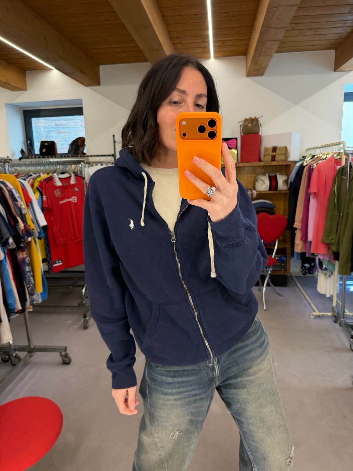 FELPA RALPH LAUREN BLU ZIP E CAPPUCCIO CAVALLINO BIANCO TG M