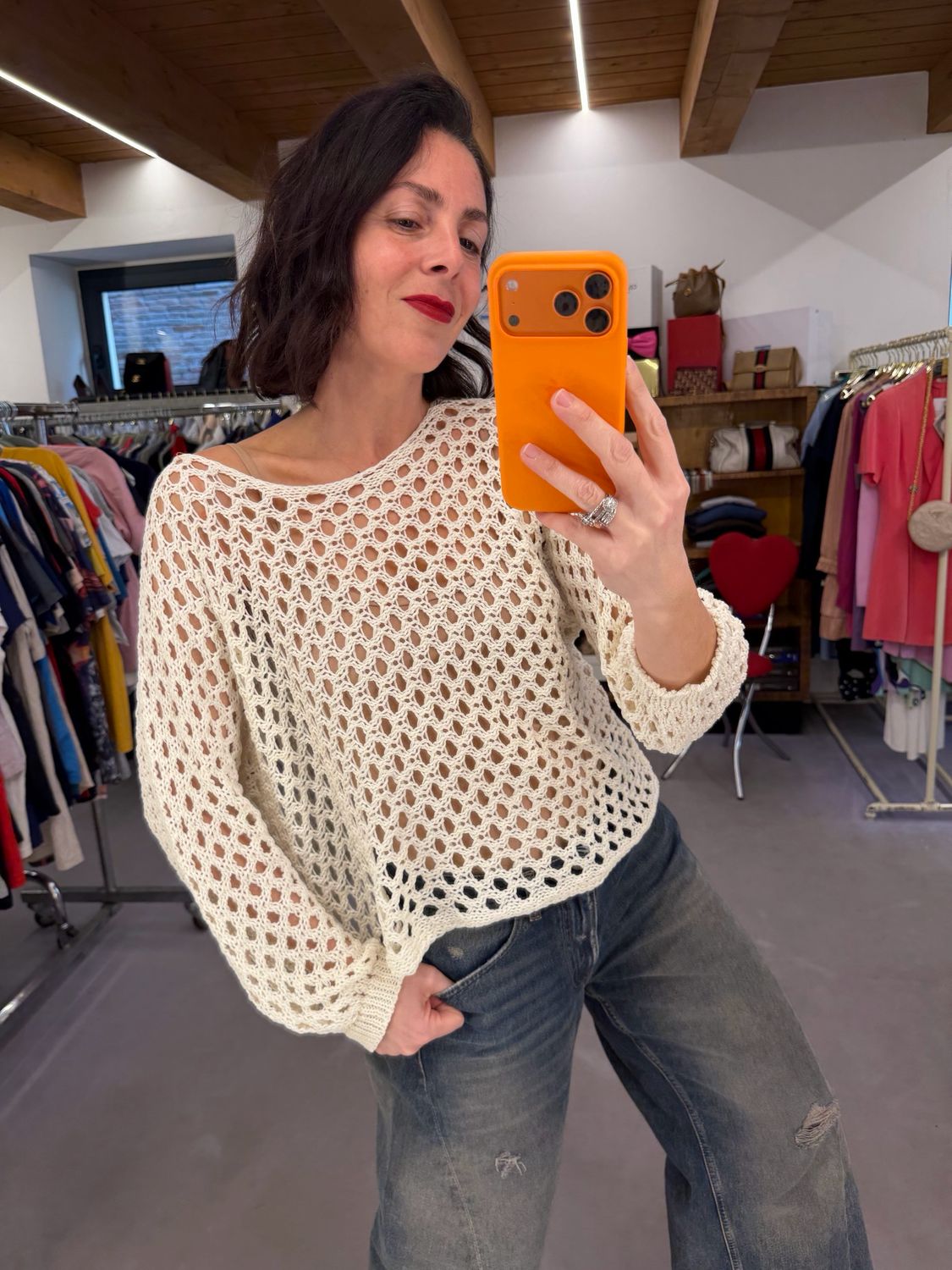 MAGLIA RETE CROCHET PANNA 