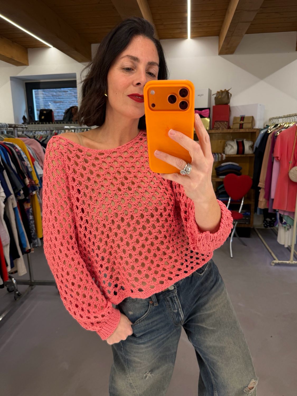 MAGLIA RETE CROCHET ROSA