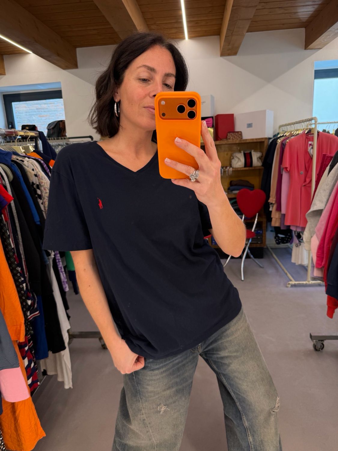 T-SHIRT RALPH LAUREN BLU V NECK CAVALLINO ROSSO TG L UNISEX