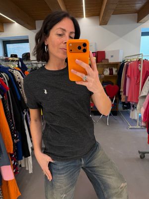 T-SHIRT RALP LAUREN GRIGIO SCURO MÉLANGE CAVALLINO BIANCO TG M DONNA