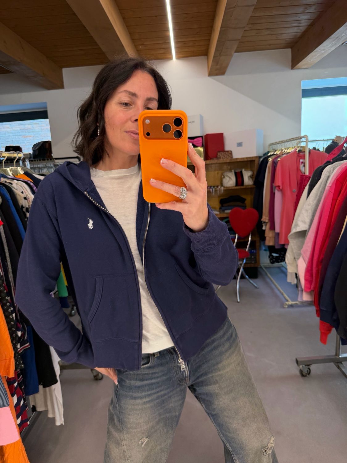 FELPA RALPH LAUREN BLU CAVALLINO BIANCO APERTA CON ZIP E CAPPUCCIO SPACCHETTI LATERALI TG M 