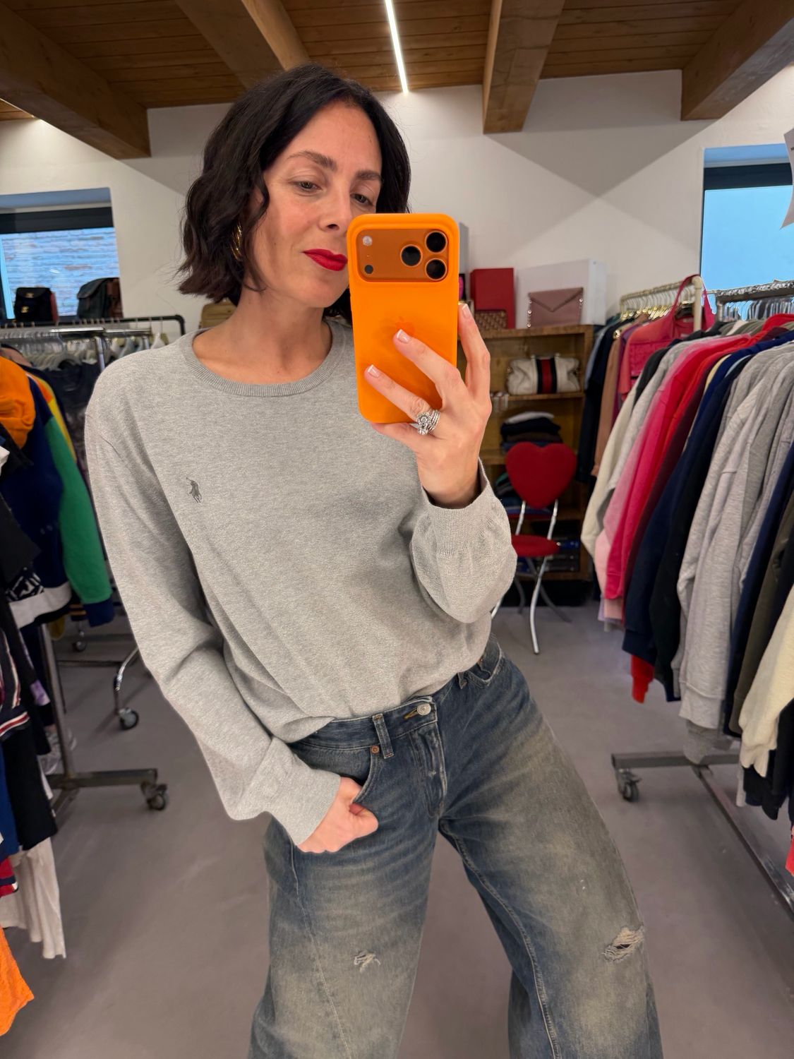 MAGLIONCINO RALPH LAUREN PIMA COTTON GRIGIO CHIARO MÉLANGE CAVALLINO RICAMATO TG L UNISEX