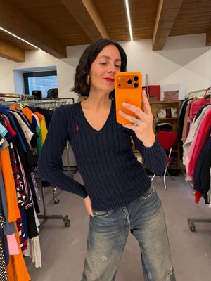 MAGLIONCINO RALPH LAUREN COTONE BLU A TRECCE V NECK DONNA TG XS