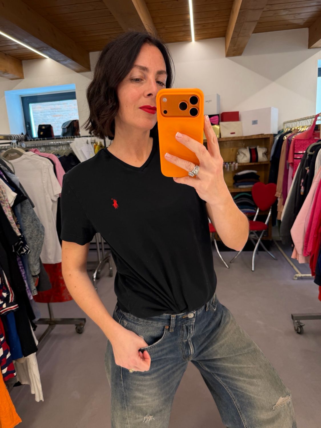 T-SHIRT RALPH LAUREN V NECK NERO CAVALLINO ROSSO TG S UNISEX