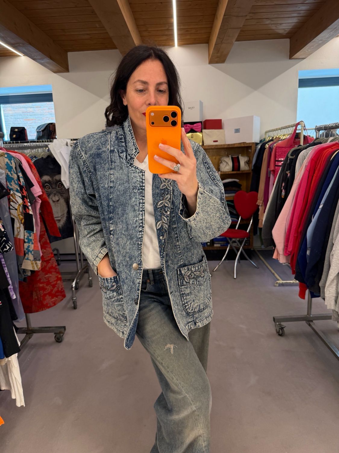 GIACCA VINTAGE DENIM MARMORIZZATO CON RICAMI 