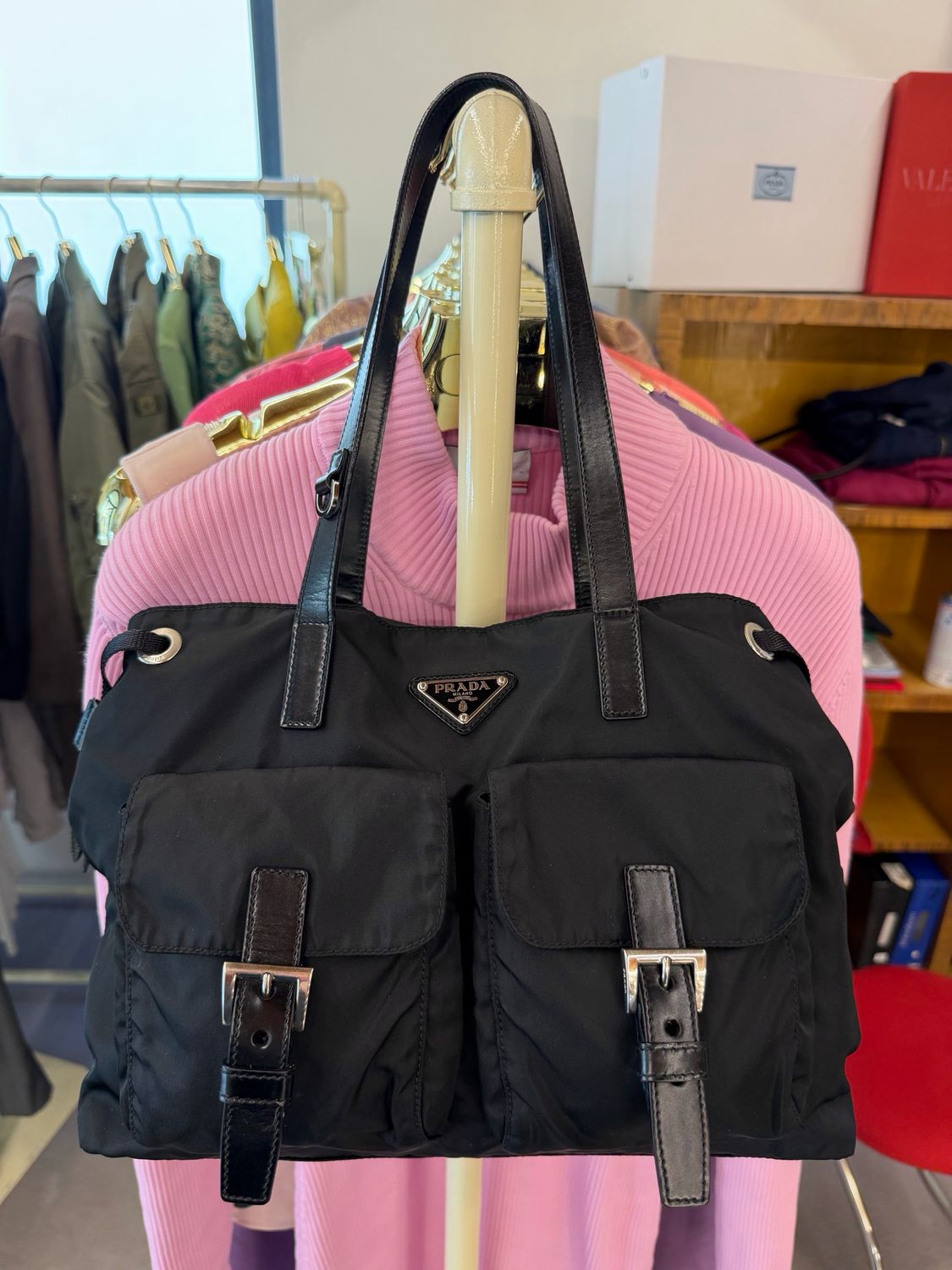 BORSA PRADA NYLON NERO LACCETTI CURSORI LATERALI