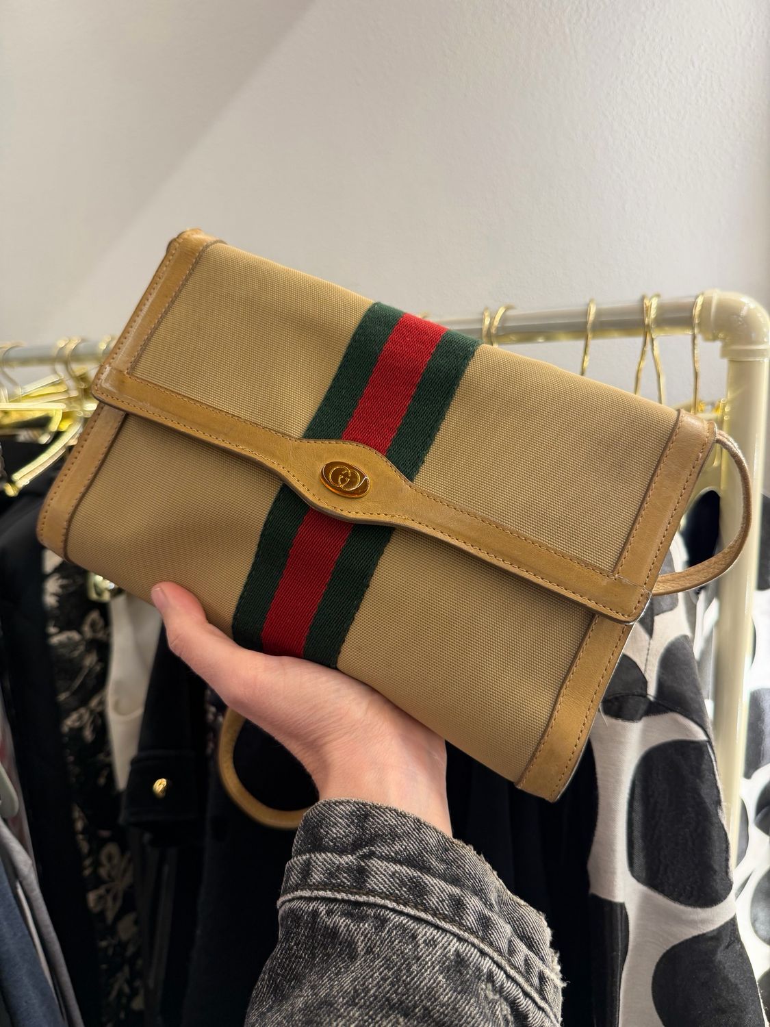 BORSA GUCCI VINTAGE PELLE E TELA CAMMELLO