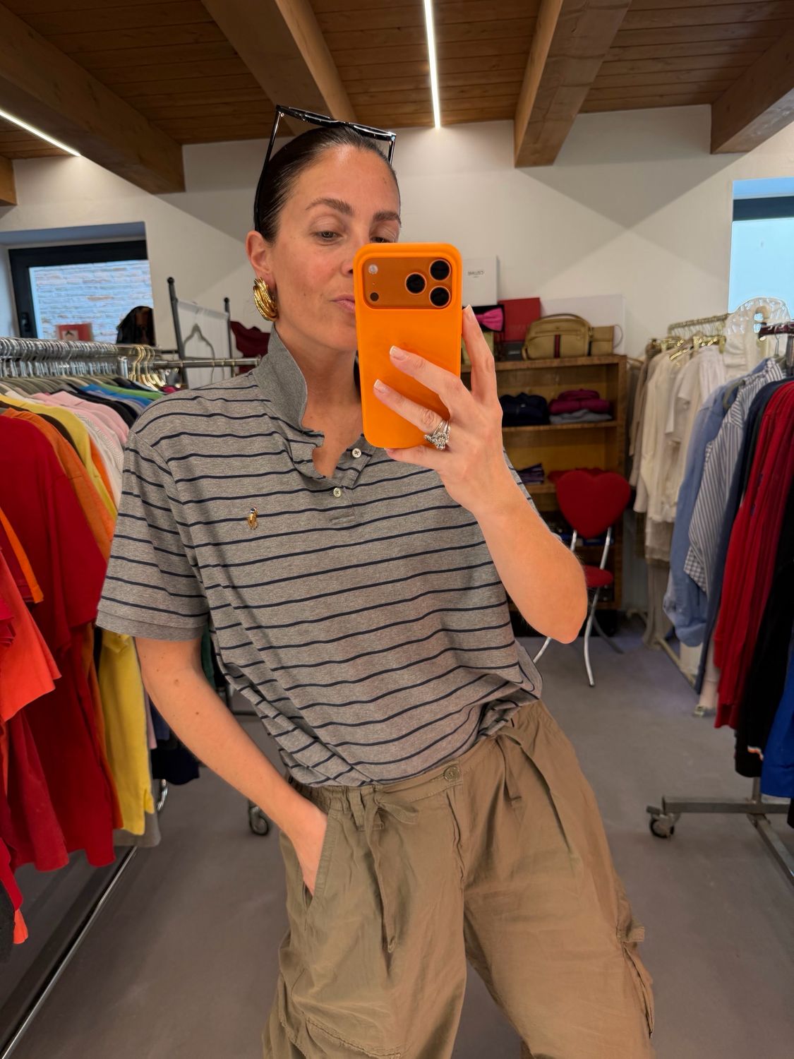 POLO RALPH LAUREN JERSEY GRIGIO MÉLANGE RIGHE ORIZZONTALI CAVALLINO DETTAGLIATO TG L UNISEX
