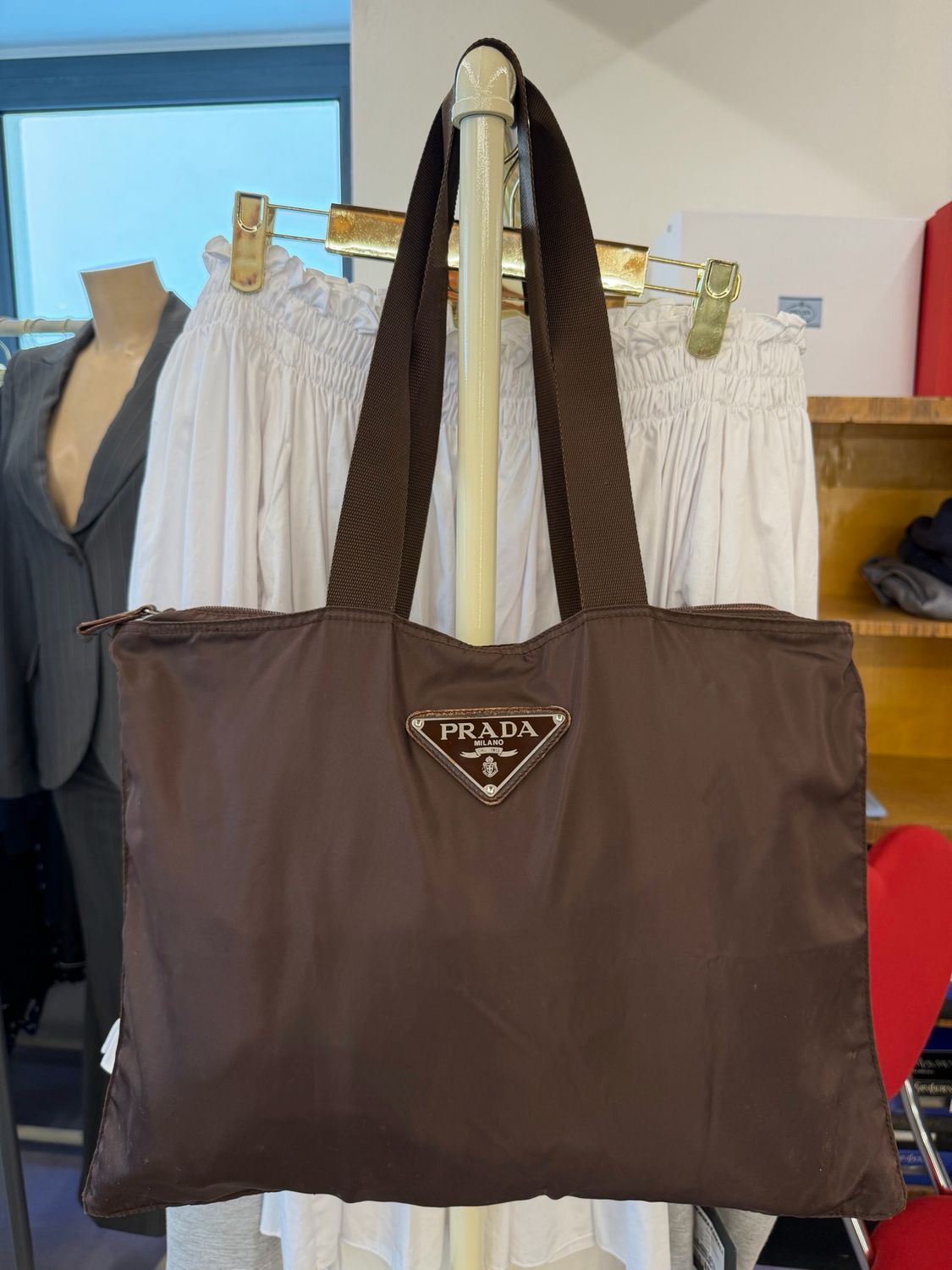 SHOPPER PRADA VINTAGE NYLON MARRONE MAXI LOGO