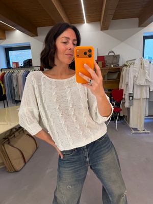 GOLFINO COTONE FILATO A TRECCE BIANCO CON PERLE