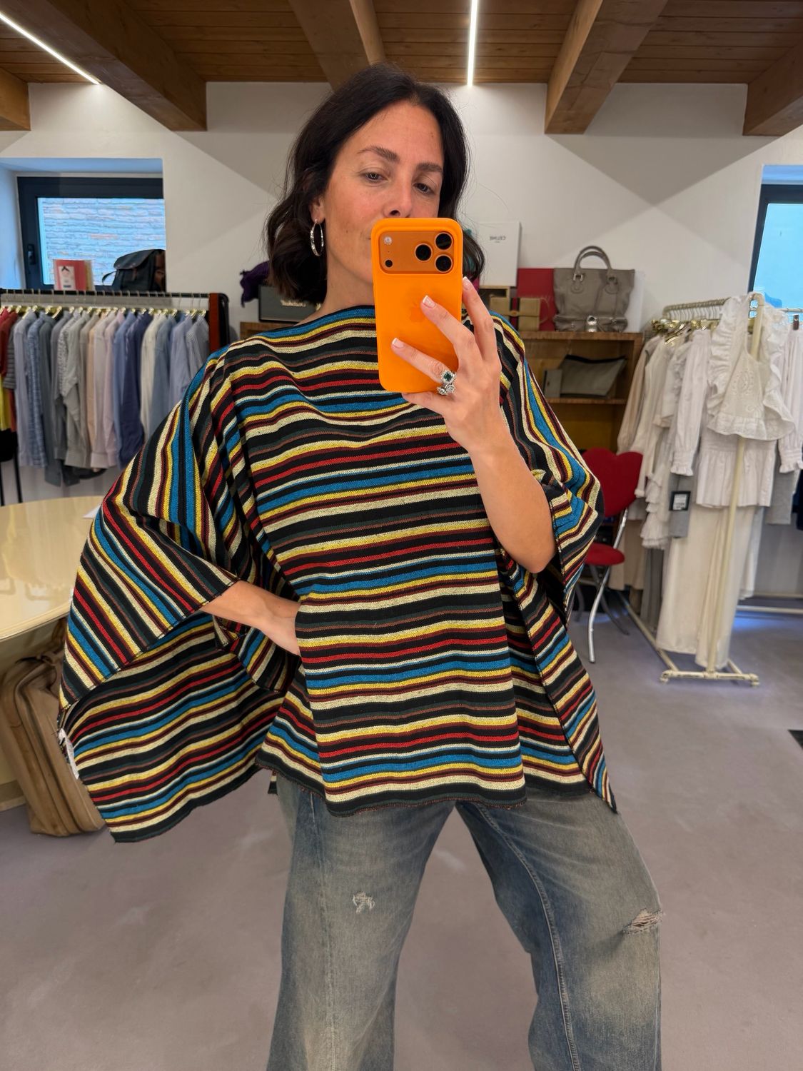 PONCHO VINTAGE COTONE MULTICOLOR A RIGHE 