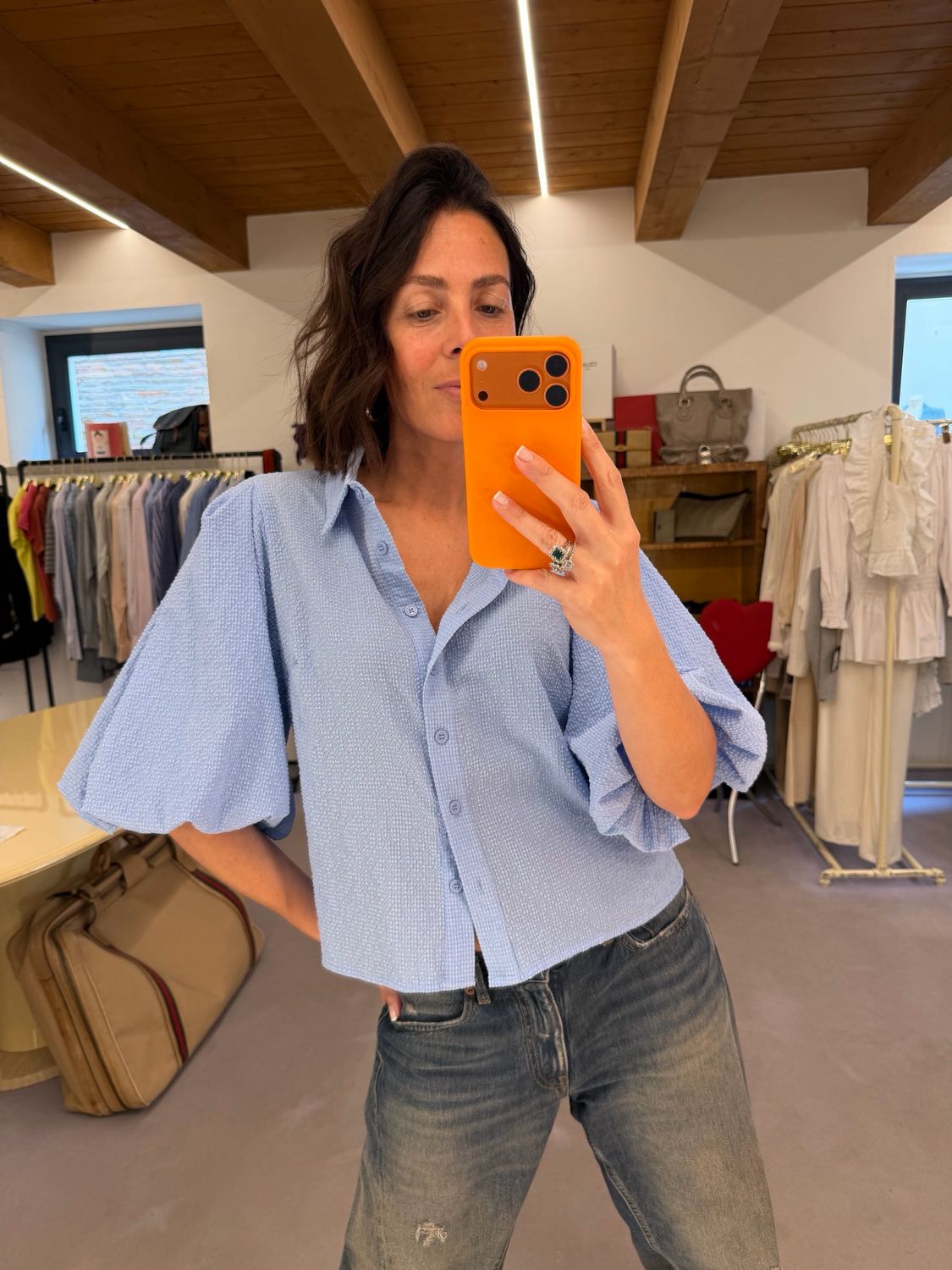 CAMICIA COTONE GOFFRATO AZZURRO MANICHE A PALLONCINO FLUIDE