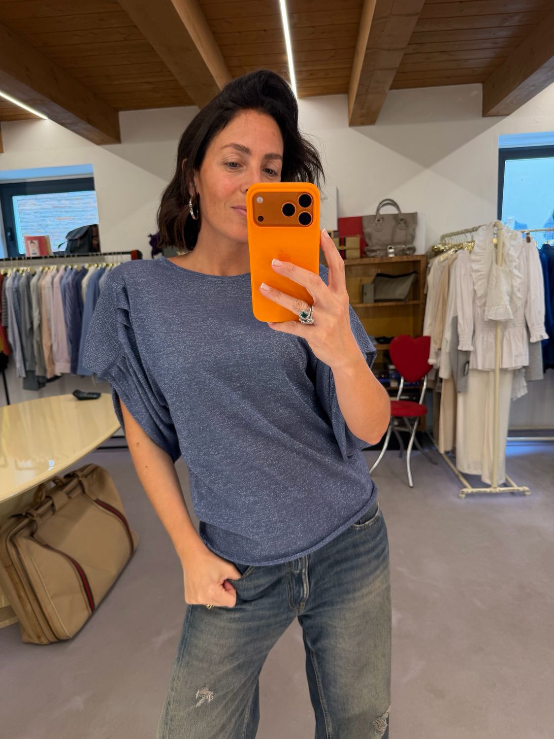 BLUSA CIRCUS HOTEL FILO LAMINATO ARGENTO E COTONE BLU CHIARO
