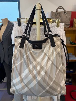 BORSA BURBERRY NYLON CHECK GRIGIO E DETTAGLI IN PELLE NERA