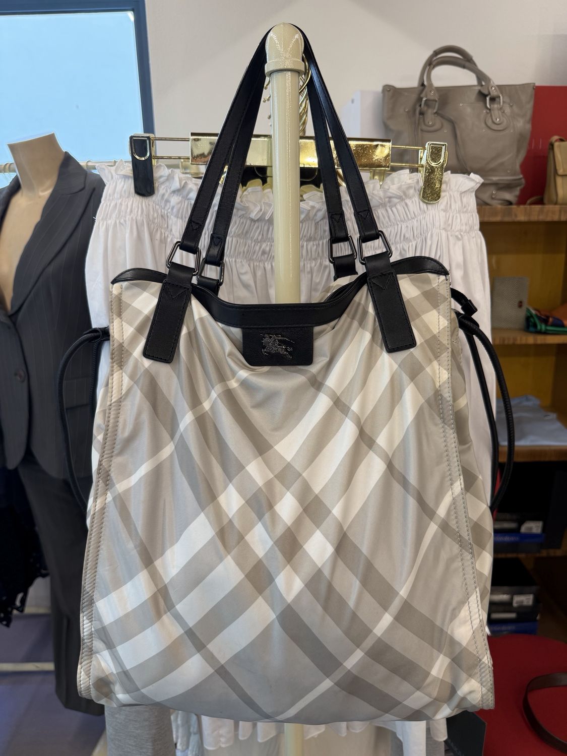 BORSA BURBERRY NYLON CHECK GRIGIO E DETTAGLI IN PELLE NERA