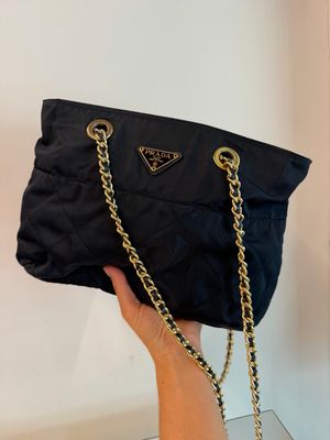 BORSA PRADA NYLON TRAPUNTATO BLU DOPPIA CATENA ORO E PELLE SAFFIANO