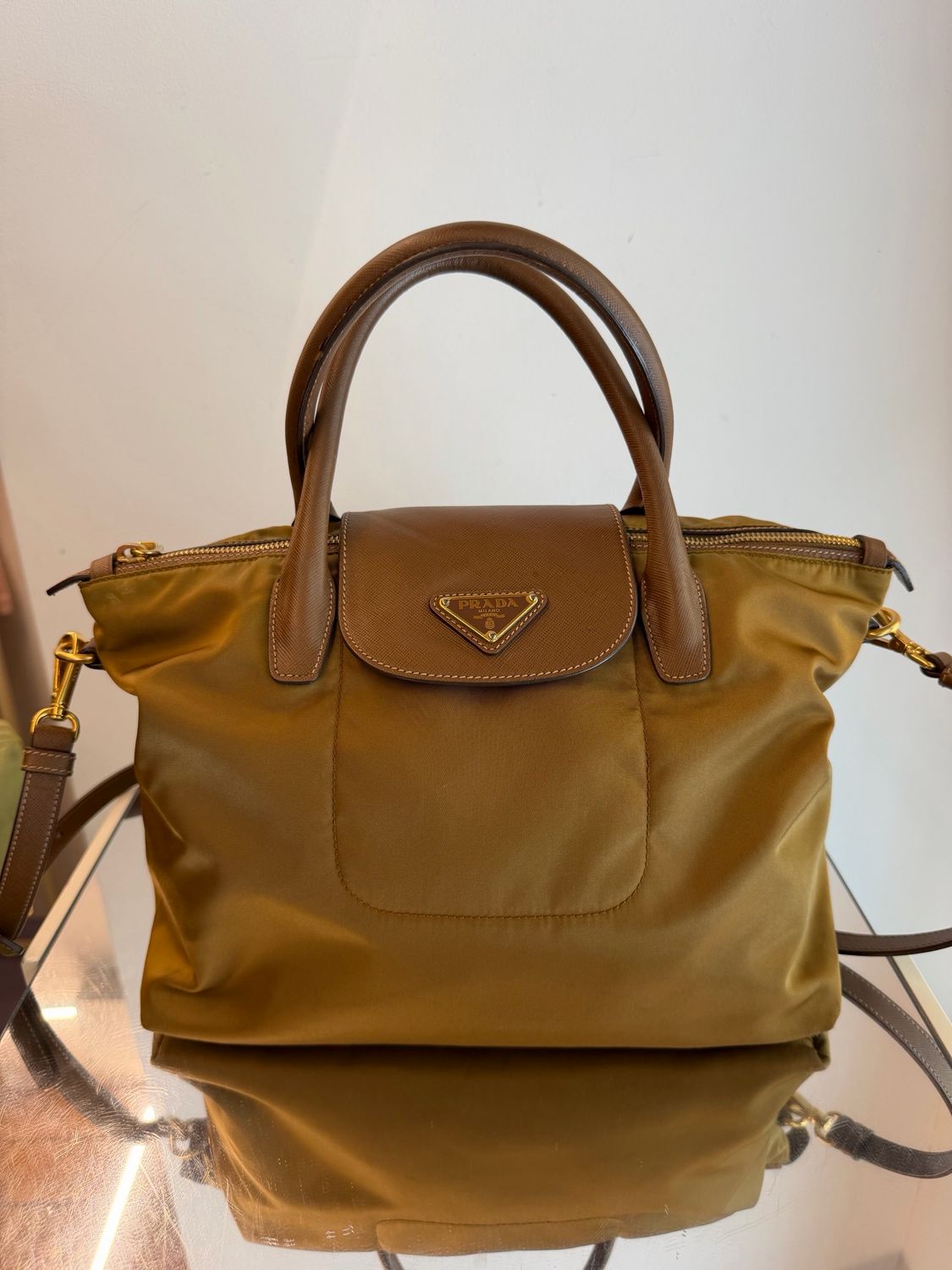 BORSA PRADA NYLON E PELLE SAFFIANO COLOR CARAMELLO 