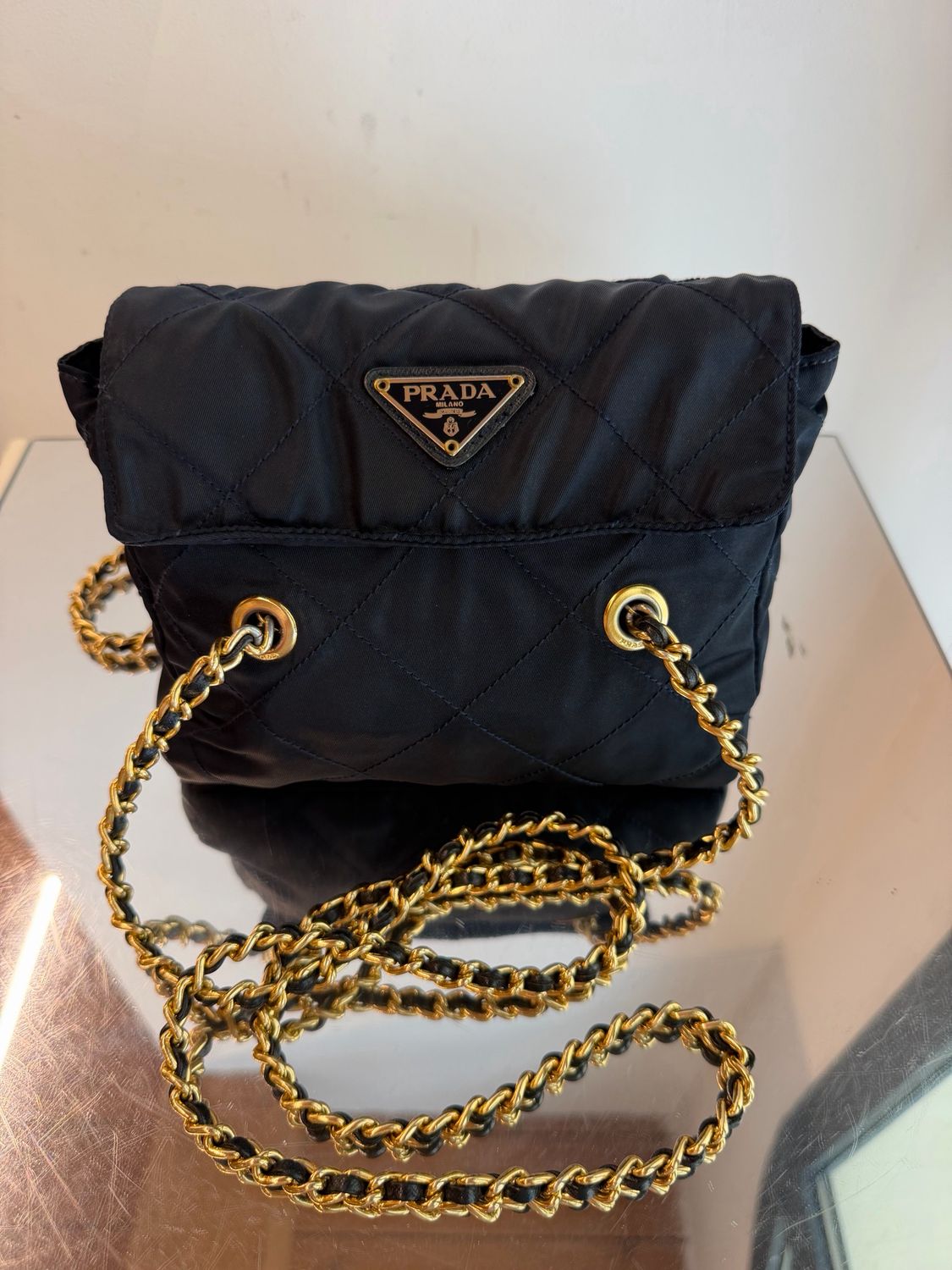 BORSA PRADA VINTAGE NYLON TRAPUNTATO E DOPPIA CATENA ORO FORMATO PICCOLO