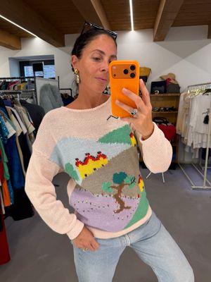 MAGLIONE VINTAGE PURO COTONE PAESAGGIO BUCOLICO FONDO ROSA TENUE