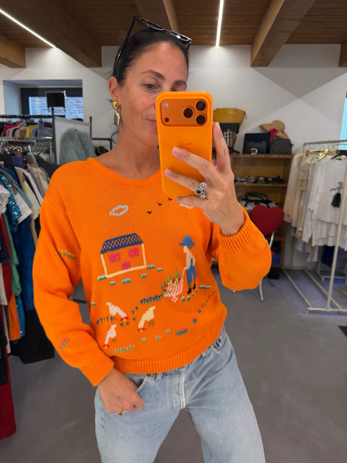 MAGLIONE VINTAGE PURO COTONE ARANCIO RICAMI A MANO