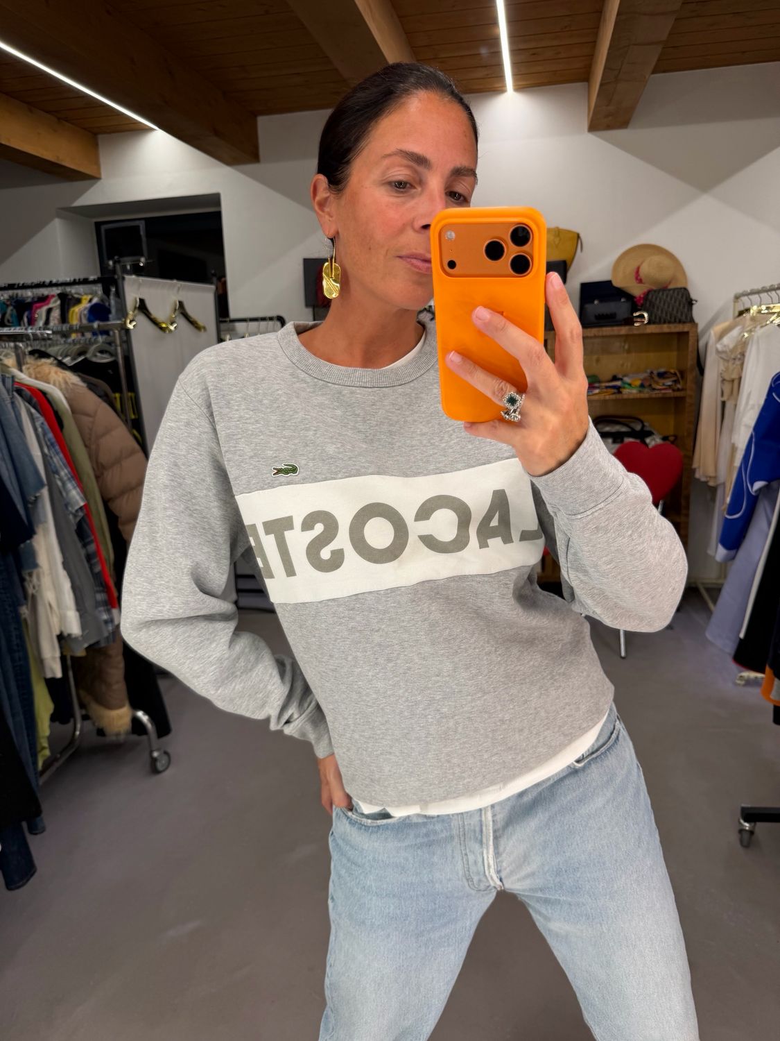 FELPA LACOSTE GIROCOLLO GRIGIO DOPPIO LOGO TG M UNISEX 