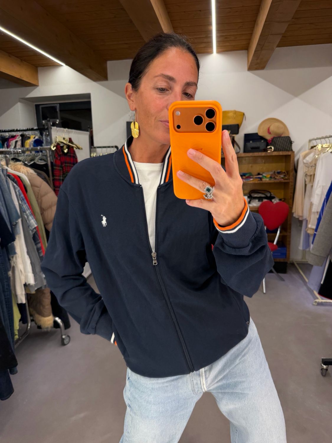 BOMBER FELPA RALPH LAUREN BLU BANDE A CONTRASTO TG L UNISEX PERFORMACE