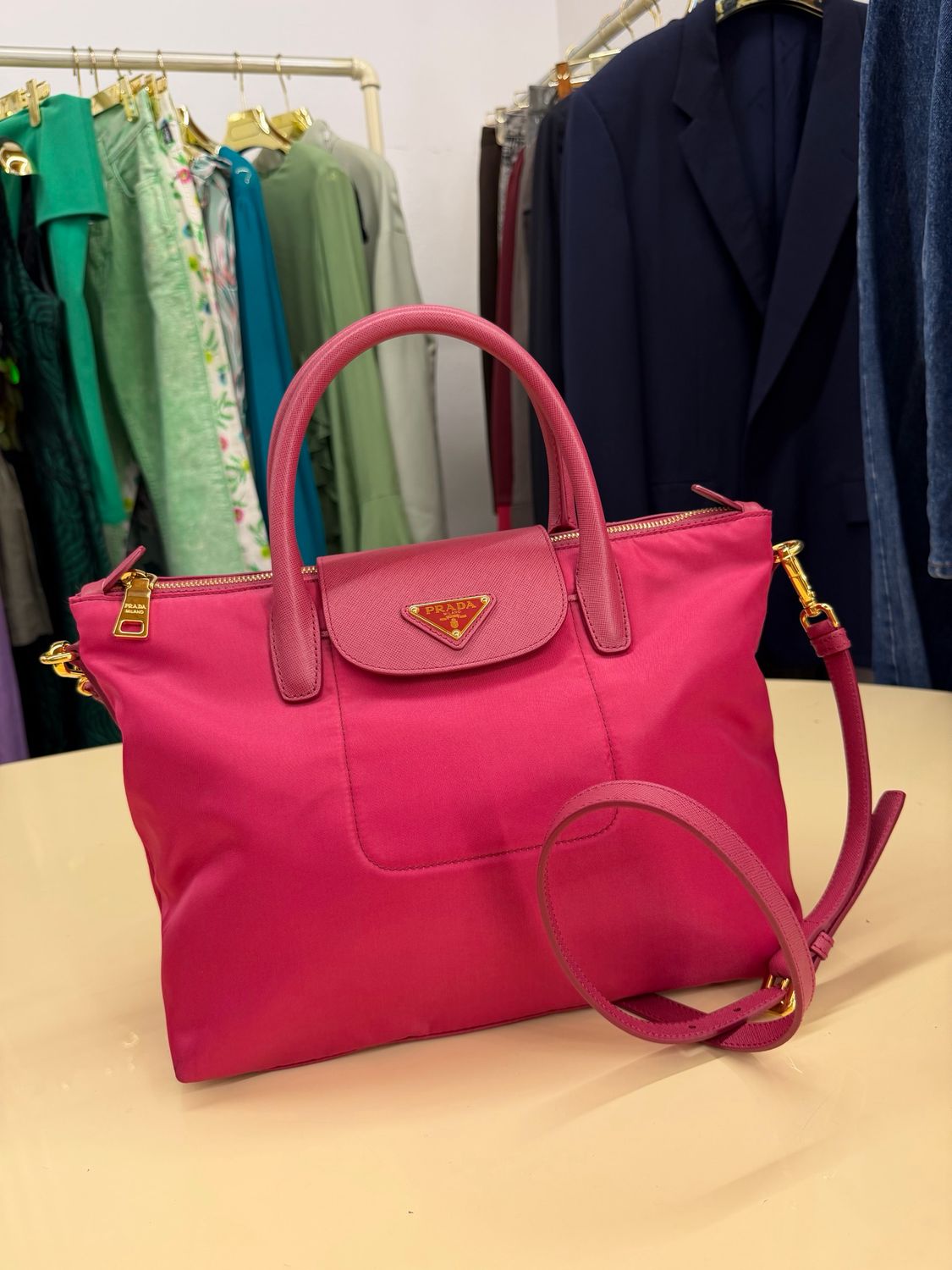 BORSA PRADA NYLON E SAFFIANO IBISCO