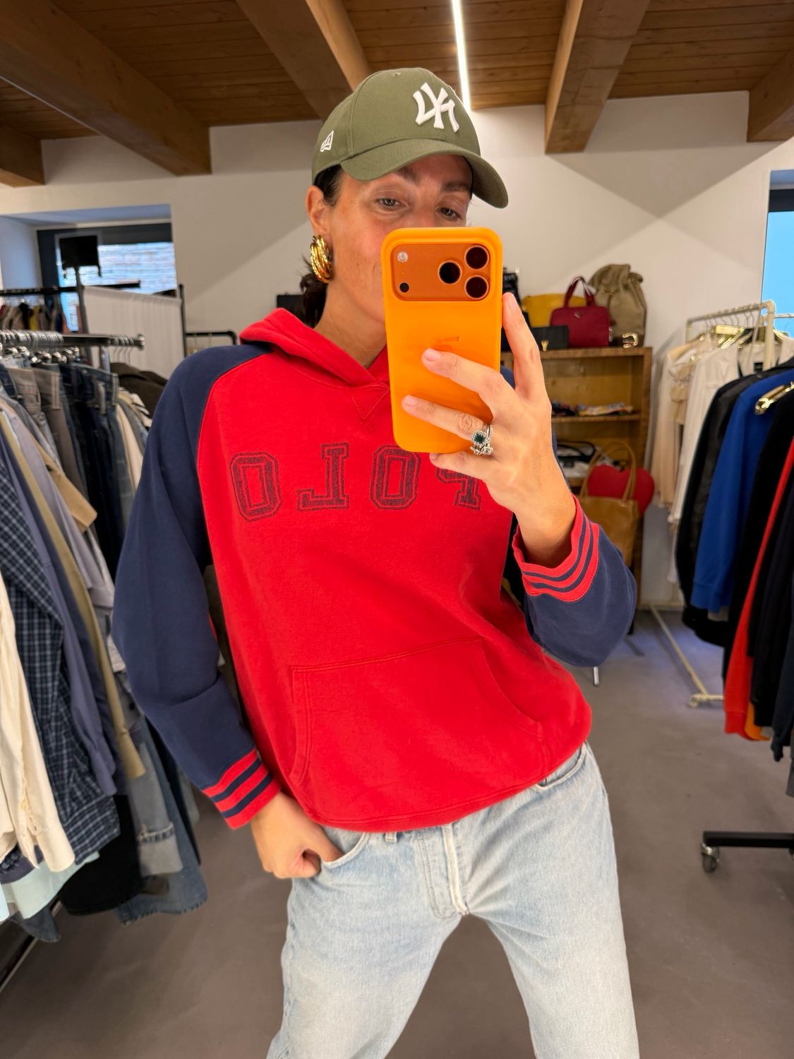 FELPA POLO RL BICOLOR ROSSO BLU CON CAPPUCCIO TG S UNISEX