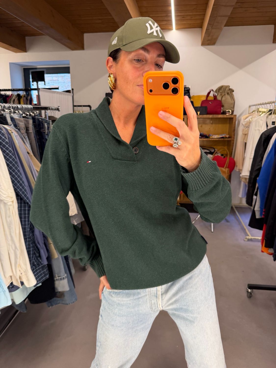 MAGLIONE TOMMY HILFIGHER VERDE BOTTIGLIA COTONE COLLO SCIALLATO TG L UNISEX