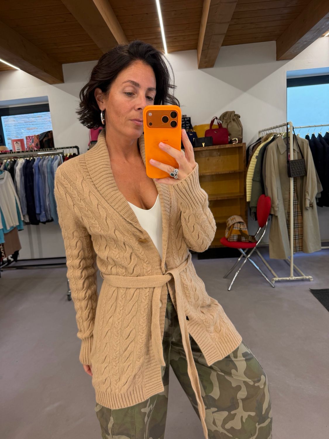 CARDIGAN LUNGO PURO CASHMERE CAMMELLO TRECCE