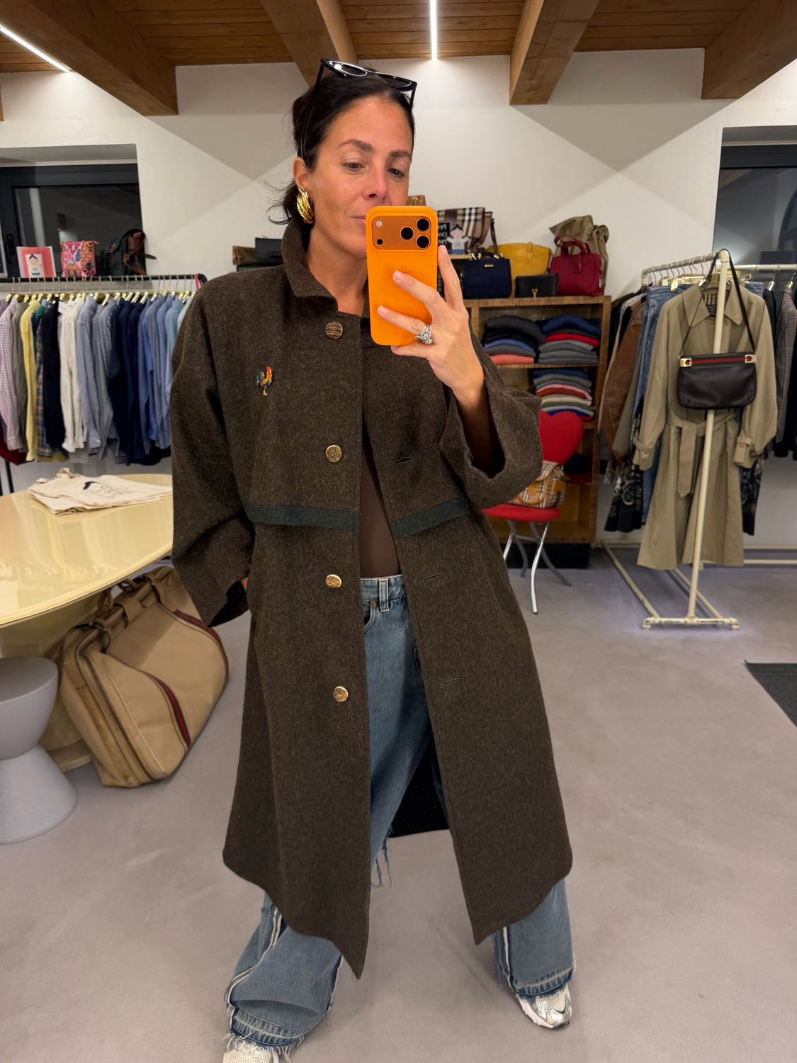 LODEN MARRONE VERDE DONNA TG 46 CON SPILLA GALLO
