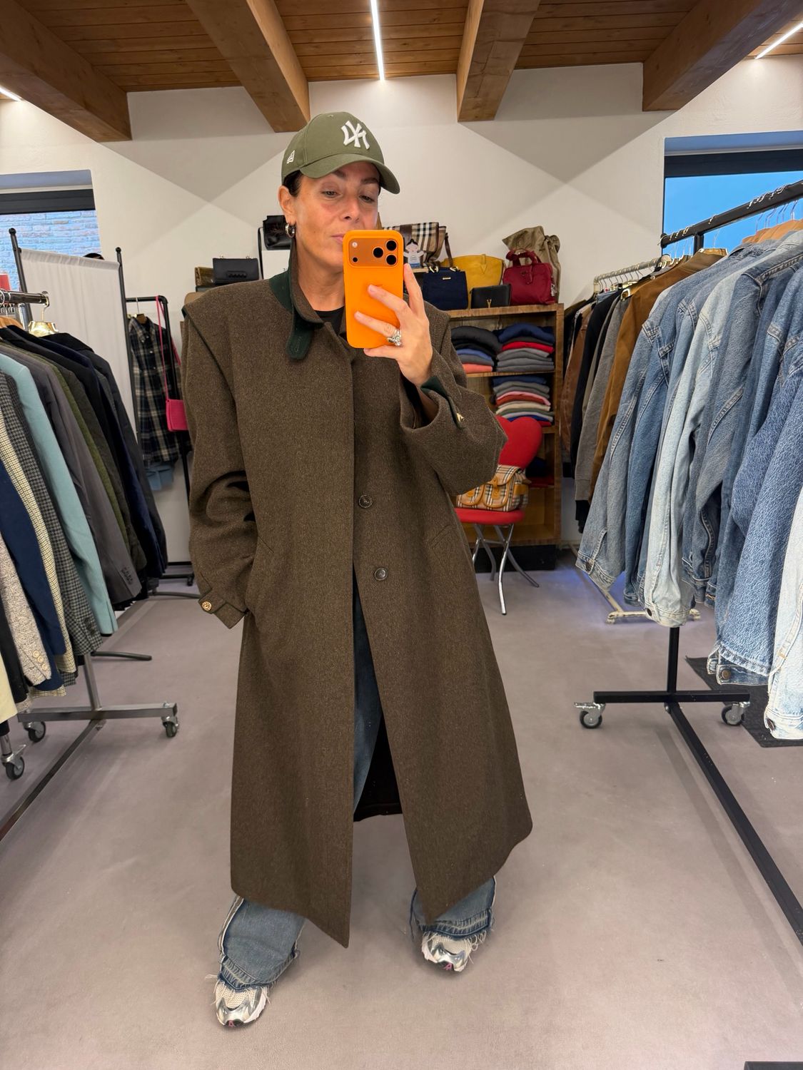 LODEN UNISEX LUNGO MARRONE VERDE RETRO SPACCO A CONTRASTO VERDE