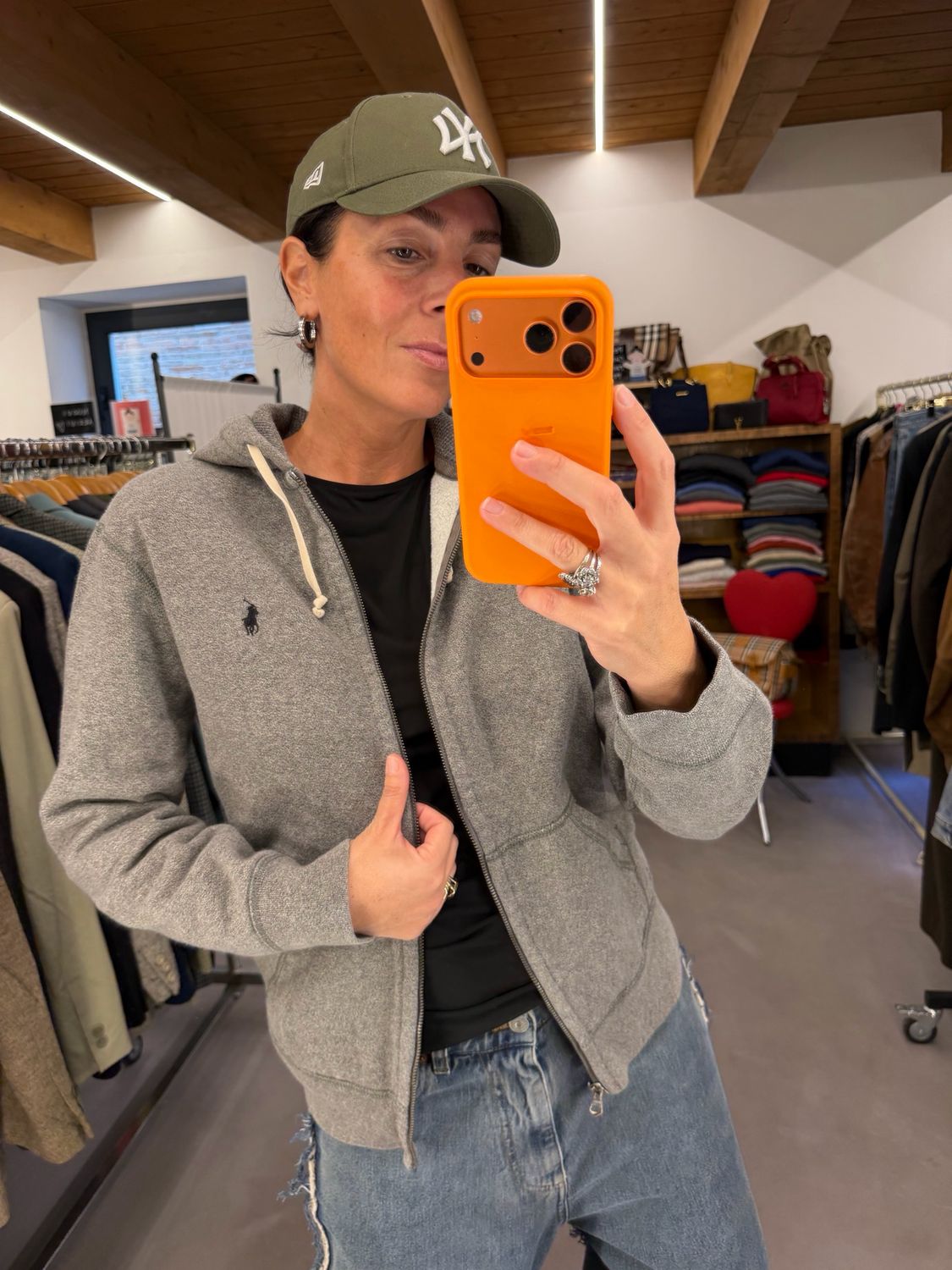 FELPA RALPH LAUREN GRIGIO SALE PEPE TG M CON CAPPUCCIO 