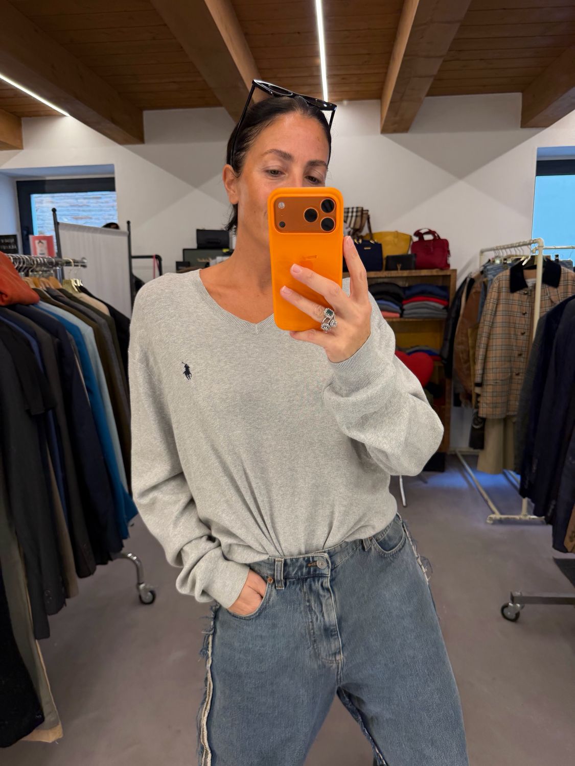 MAGLIONCINO RALPH LAUREN V NECK GRIGIO CHIARO MÉLANGE 