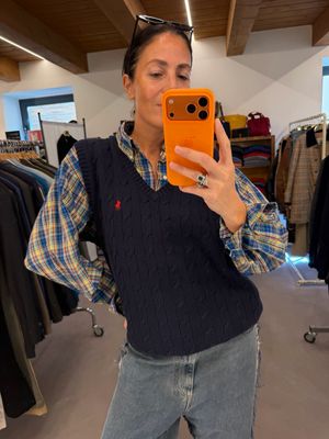GILET RALPH LAUREN COTONE A TRECCE BLU CAVALLINO ROSSO TG L