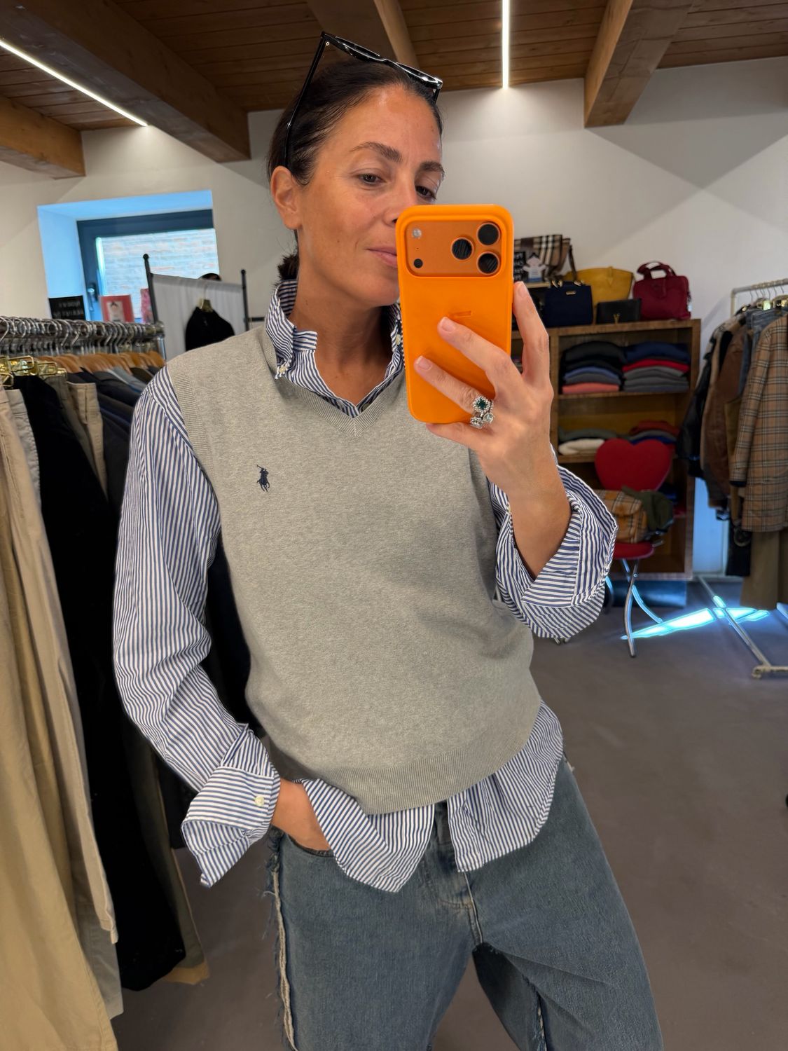GILET RALPH LAUREN V NECK GRIGIO CAVALLINO BLU TG M 