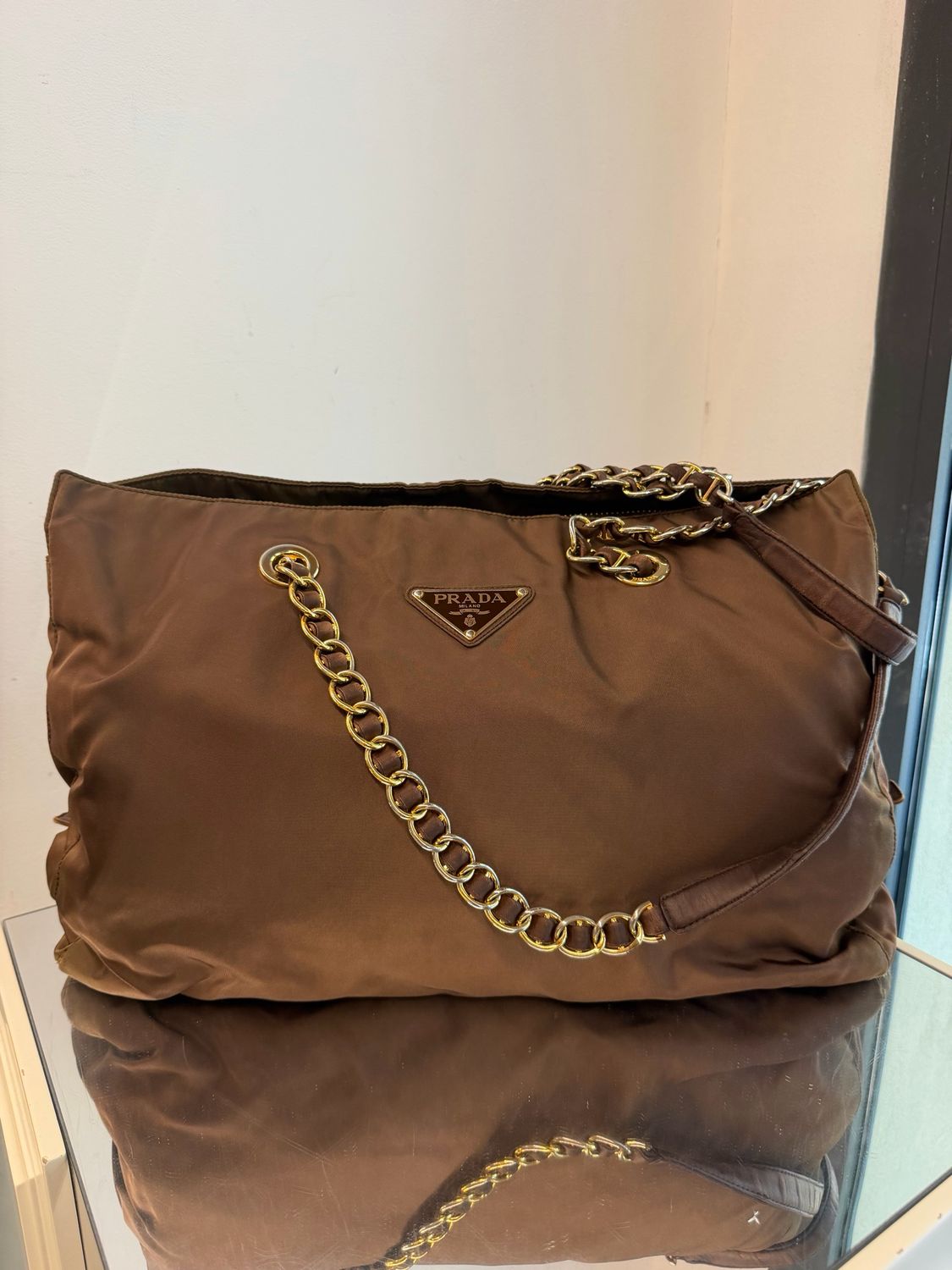 SHOPPER PRADA VINTAGE NYLON TABACCO DOPPIA TRACOLLA CATENA ORO