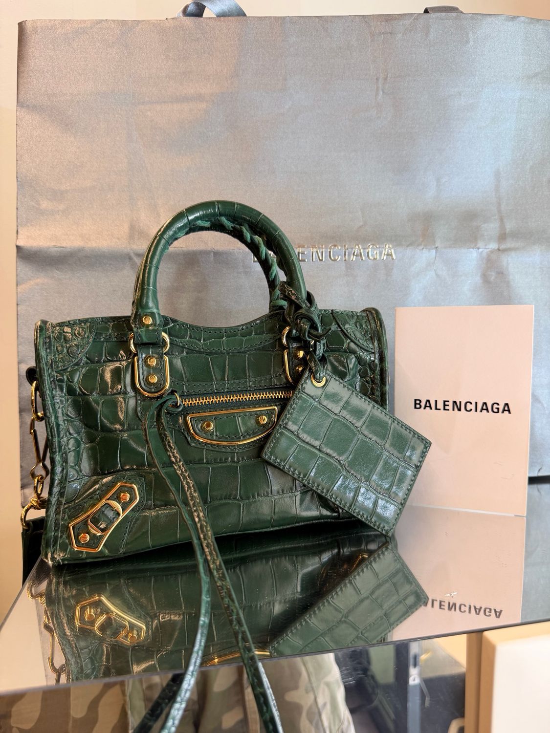 MINI BALENCIAGA CITY NUOVA PELLE STAMPA COCCO VERDE HARDWARE ORO