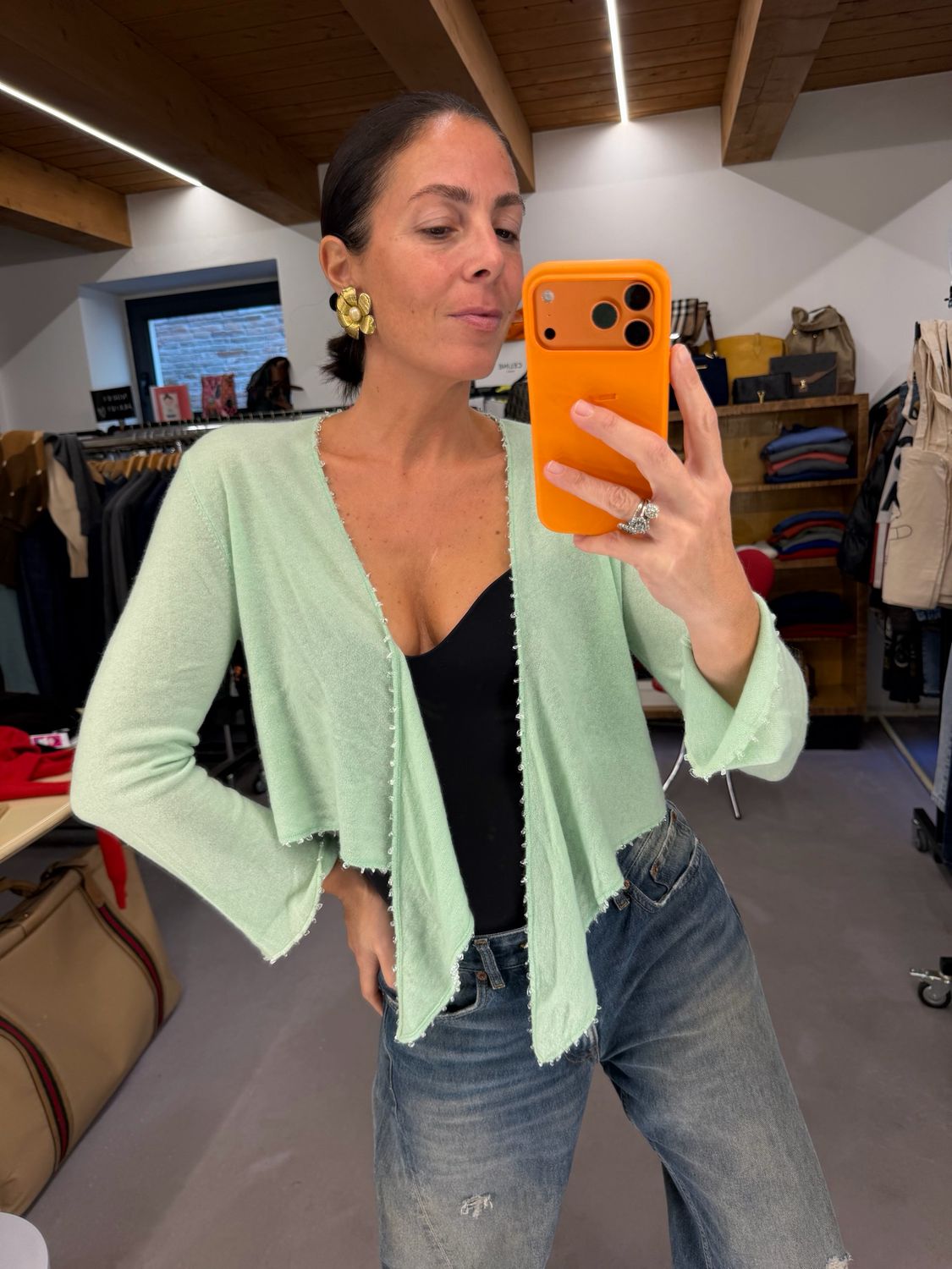 CARDIGAN PURO CASHMERE VERDE PASTELLO CON CRISTALLI