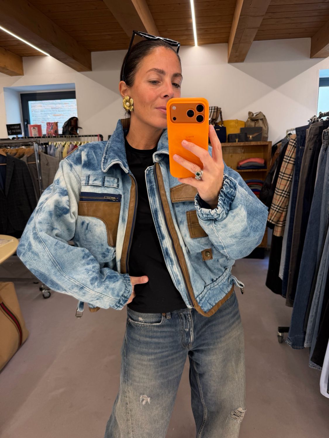 BOMBER DENIM MARMORIZZATO IMBOTTITO DETTAGLI IN PELLE